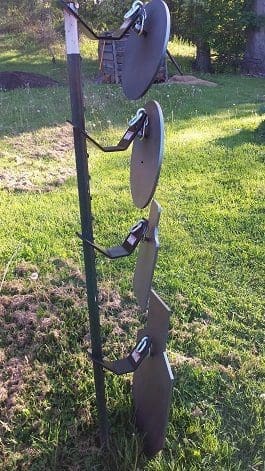 Hang Fast T Post target hangers mounting multiple AR 500 steel targets on a single T Post