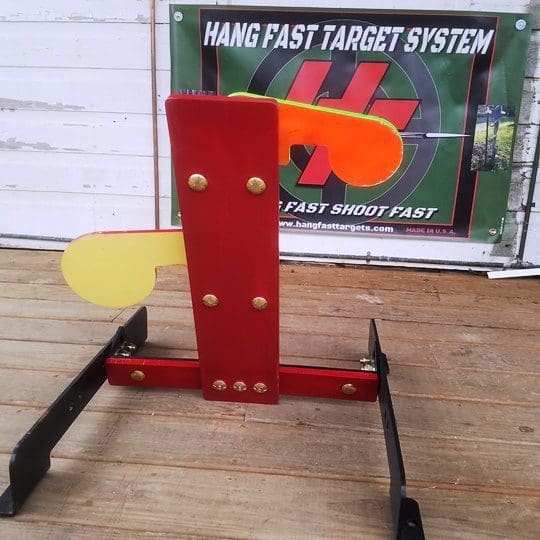 Hang Fast 2 Plate Swinging Target on our All-Terrain adjustable base. AR 500 post and base armor.