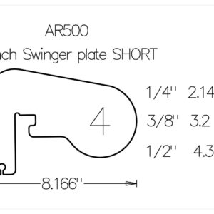 AR500 4-inch swinger plate, SHORT version; shows thickness options with weights and overall length 8.166 inches (1/4