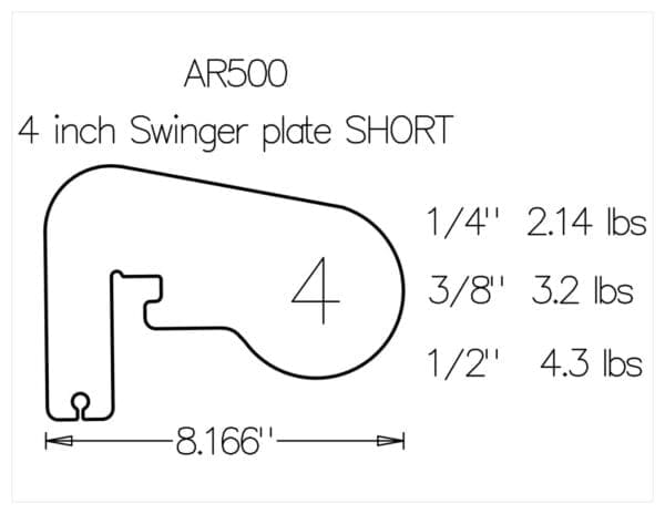 AR500 4 inch swinger plate SHORT version shows thickness options with weights and overall length 8166 inches 14