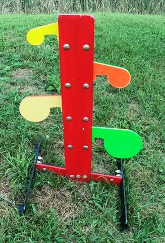 Hang Fast 4 Plate Dueling Tree fully AR 500 armored on a All-Terrain adjustable base. Multiple AR 500 swinging plate sizes.