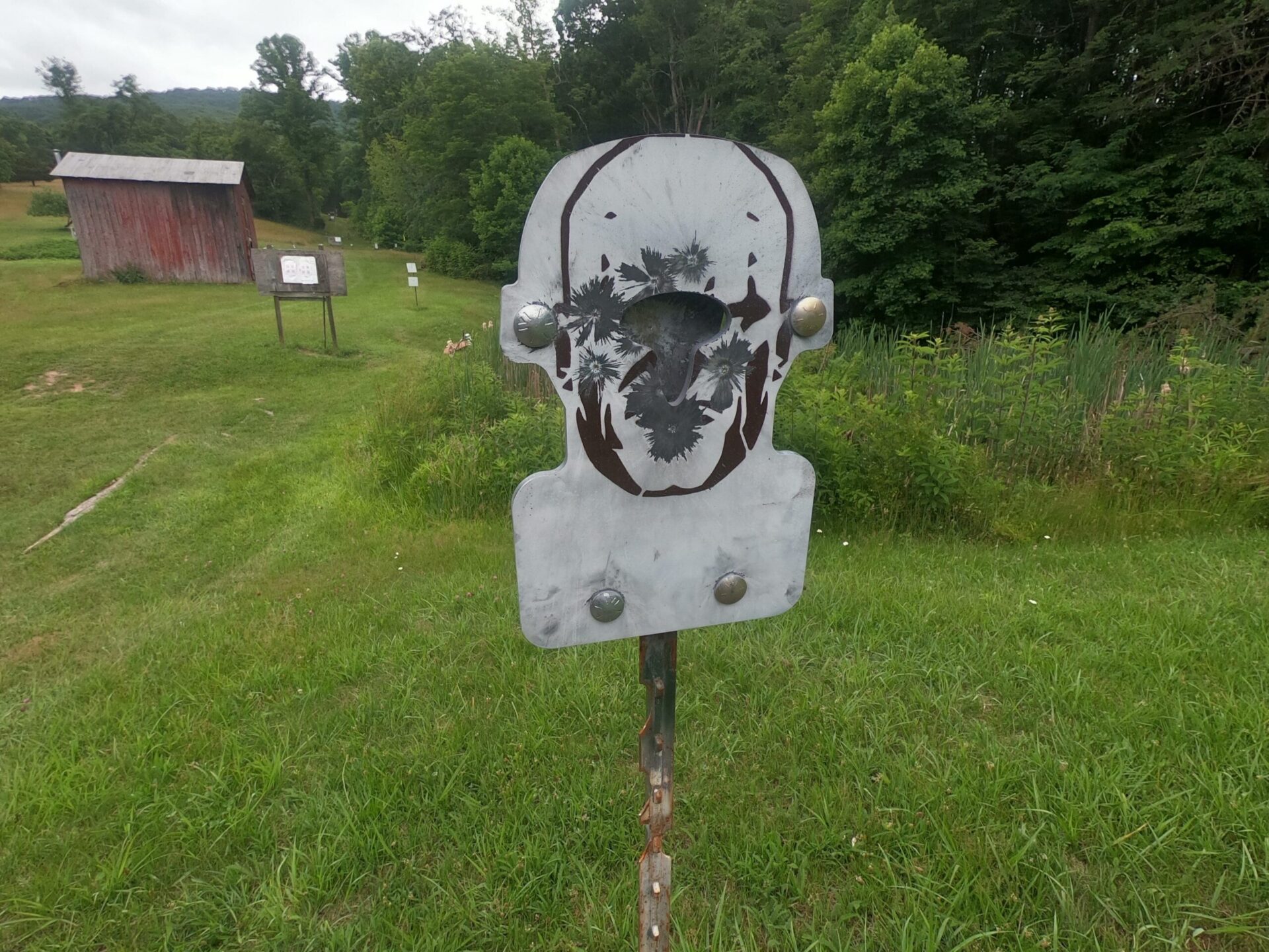 Front view of Hang Fast Red Mist T-Post target showing medulla zone on the AR500 target face.