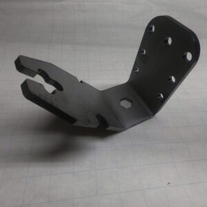 Metal mounting bracket with multiple bolt holes and a forked clamping end, on a grid background